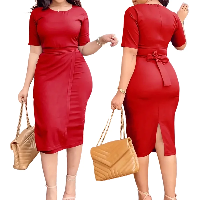 

Office Lady Red Dresses for Women Zipper Robe Lace Slim Short Sleeved Gown Red Wedding Party Dress Up Streetwear Female Clothing