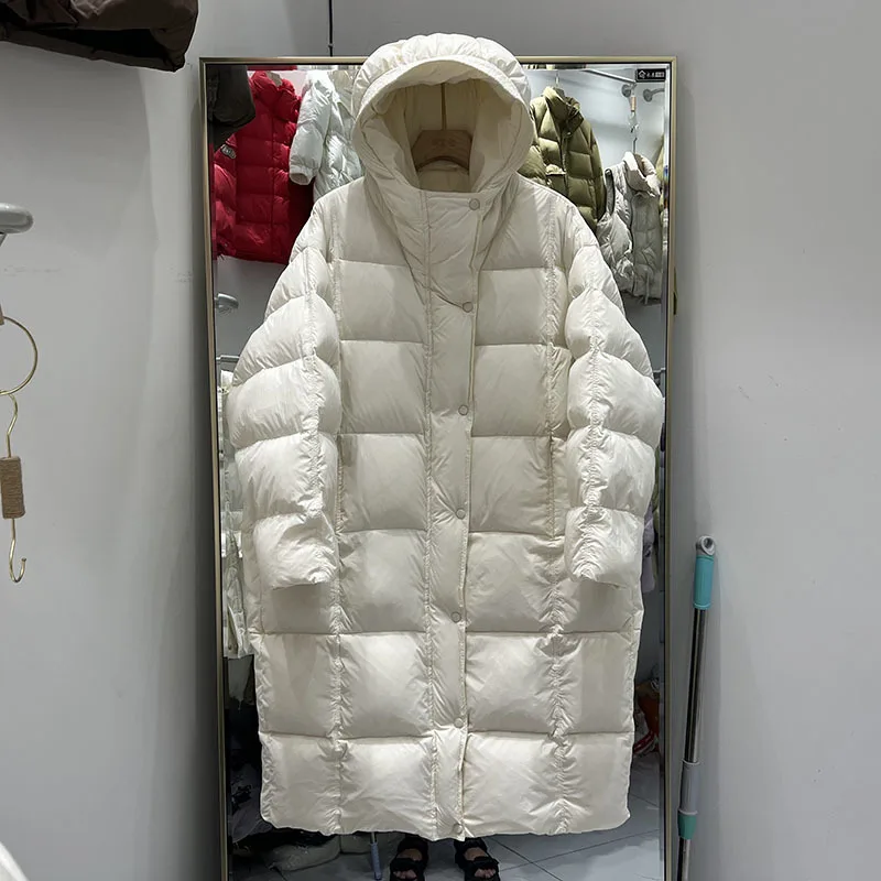 

Winter New White Duck Down Coat Women 2023 Solid Thick Warm Loose Hooded Long Puffer Jacket Female Windproof Parkas Outwear