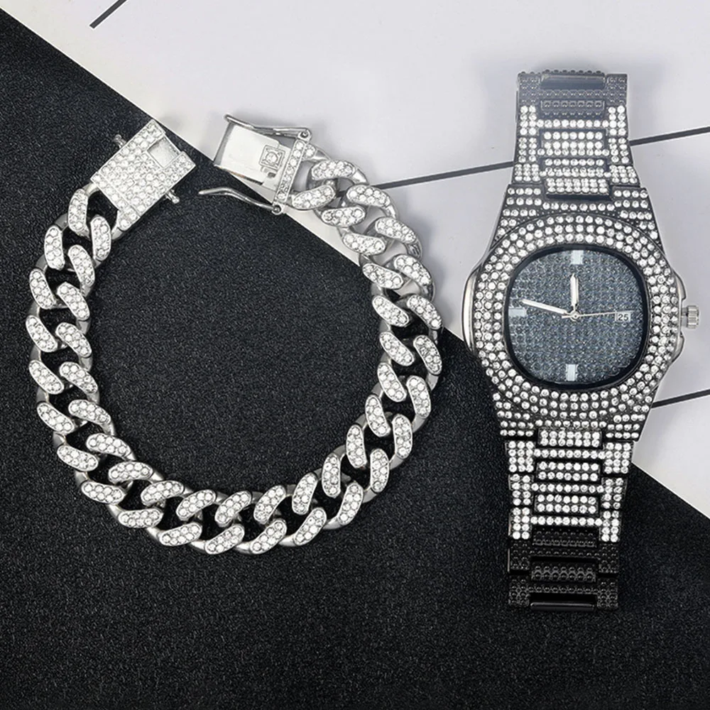 Stylish Classic Watch Set Iced Out Hip-hop Punk Black Watch+Silver Cuban Chain+Bracelet 3-in-1 Set Men Women Trend Jewelry Gift