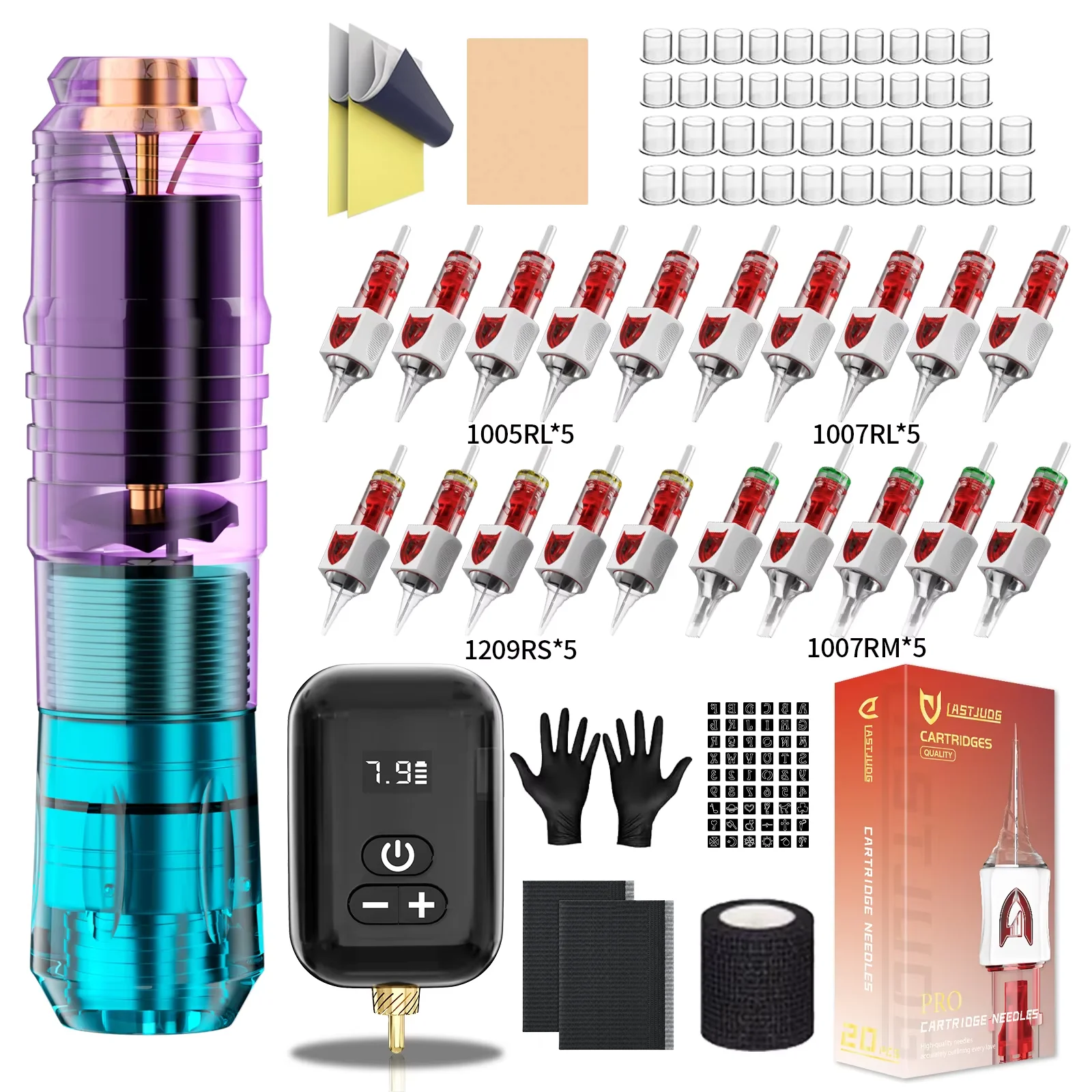 LASTJUDG Tattoo Kit 20PCS V2 White Tattoo Needles Tattoo Pen Kit Gradient Color Wireless Tattoo Power Supply Tattoo Machine Kit
