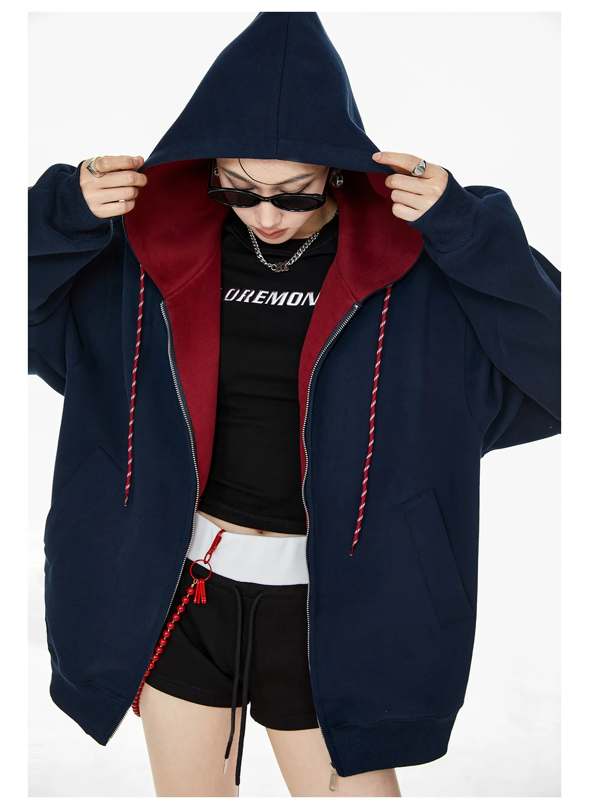 

Hooded cardigan sweater women's American spring and autumn new coat popular versatile simple fashion loose casual color matching