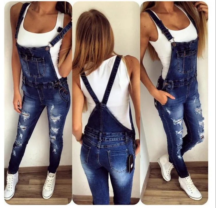 Ripped Jeans Denim Ankle Length Pencil Pants Women Overalls Distressed Washed Pockets Vintage High Street Spliced Hole