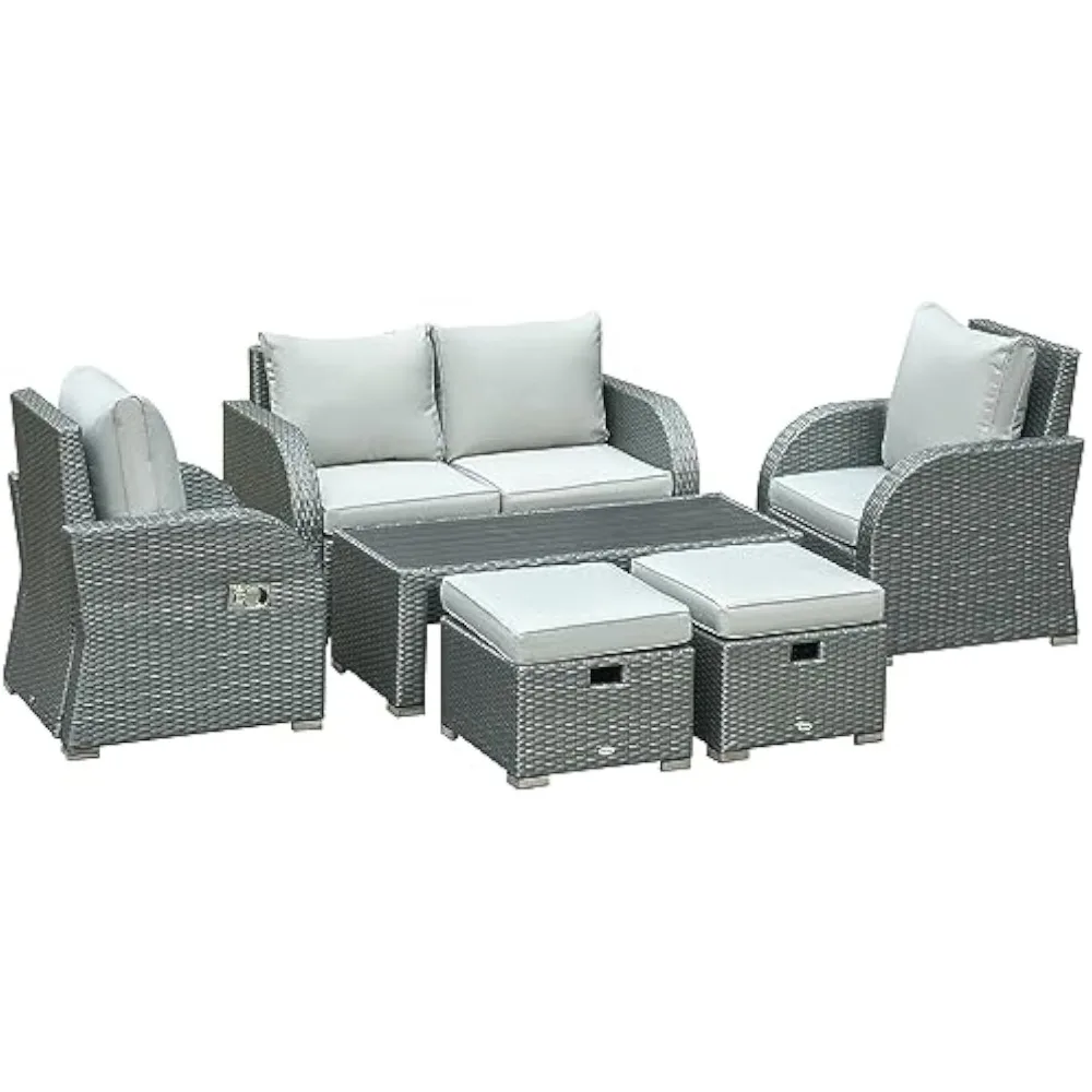 

Наборы мебели для патио из 6 предметов, плетеный диван для улицы, набор из ротанга с регулируемым углом наклона, одиночный стул для бесед, пуфики, с P