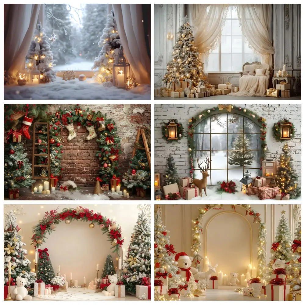 

Merry Christmas Photography Backdrops Xmas Tree Fireplace Gift Winter Window Family Portrait Decor Background Photo Studio Props