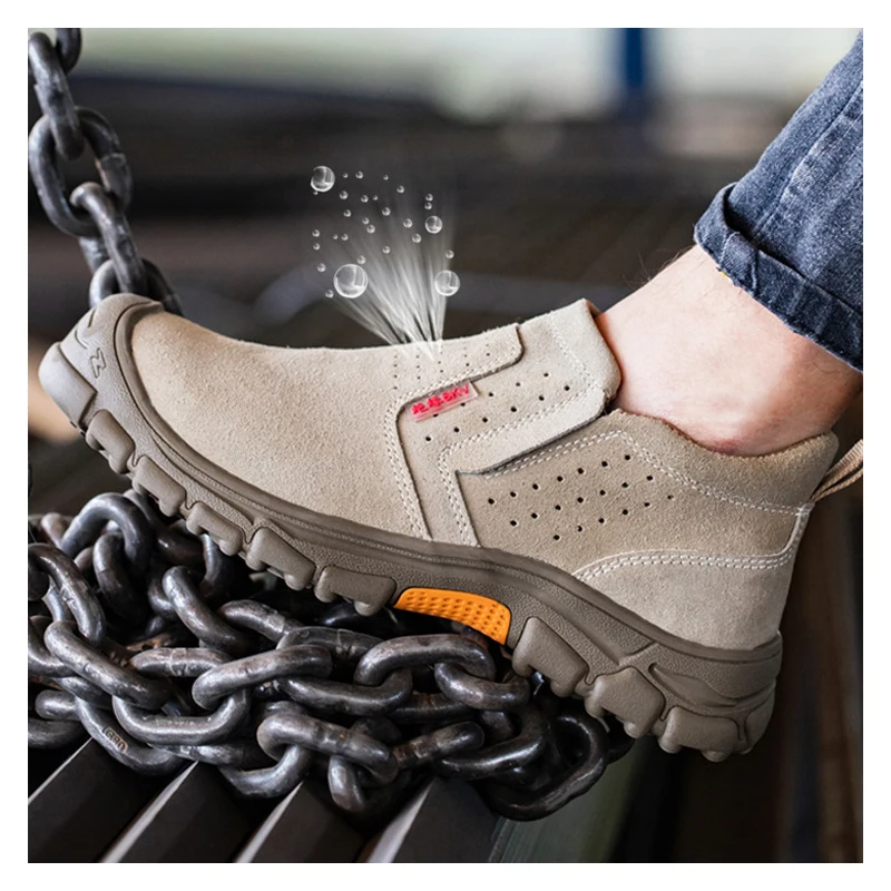 men's casual breathable steel toe caps shoes slip on work loafers summer cow suede leather safety boots security footwear safe