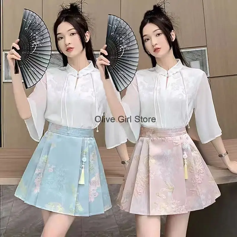 Zomer Chinese Hanfu Paardengezicht Rok Set Jacquard Wit Shirt TopTraditionele Damesoutfits Hoge Taille Internet Rood Uniform