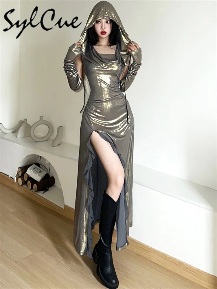 Sylcue Metallic Retro Matte Trendy Distinctive Summer High Street Travel  Cool Confident Sexy Women's Hooded Dress With Sleeves - AliExpress 200000345