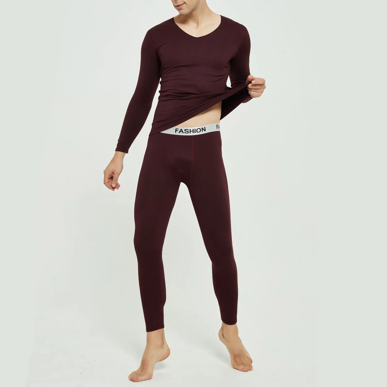 Mens Round Neck Pure Cotton Thermal Underwear Set Thin Autumn Clothes And Pants Bottoming Shirt solid color  Mens Pajamas Set