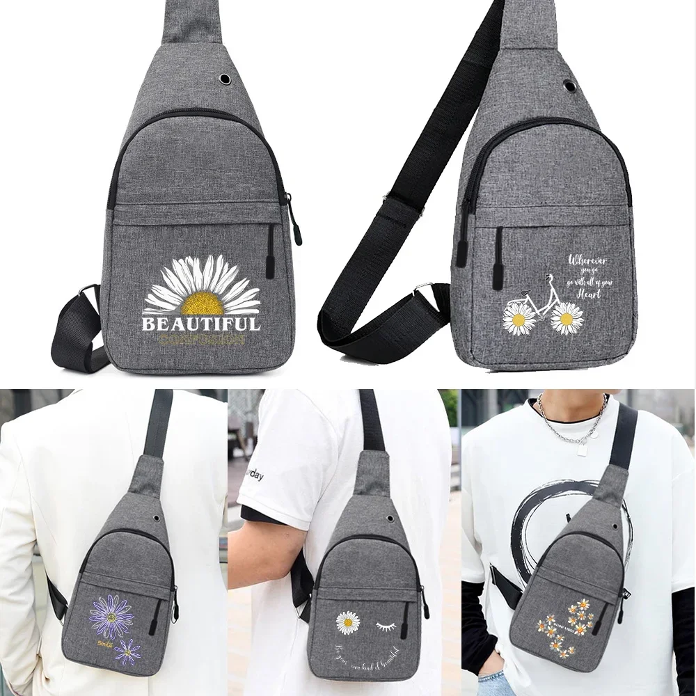 

Men Chest Bags Daisy Pattern Casual Waist Bags Charging Earphones Cable Hole Crossbody Bags Canvas Sling Shoulder Waist Packs