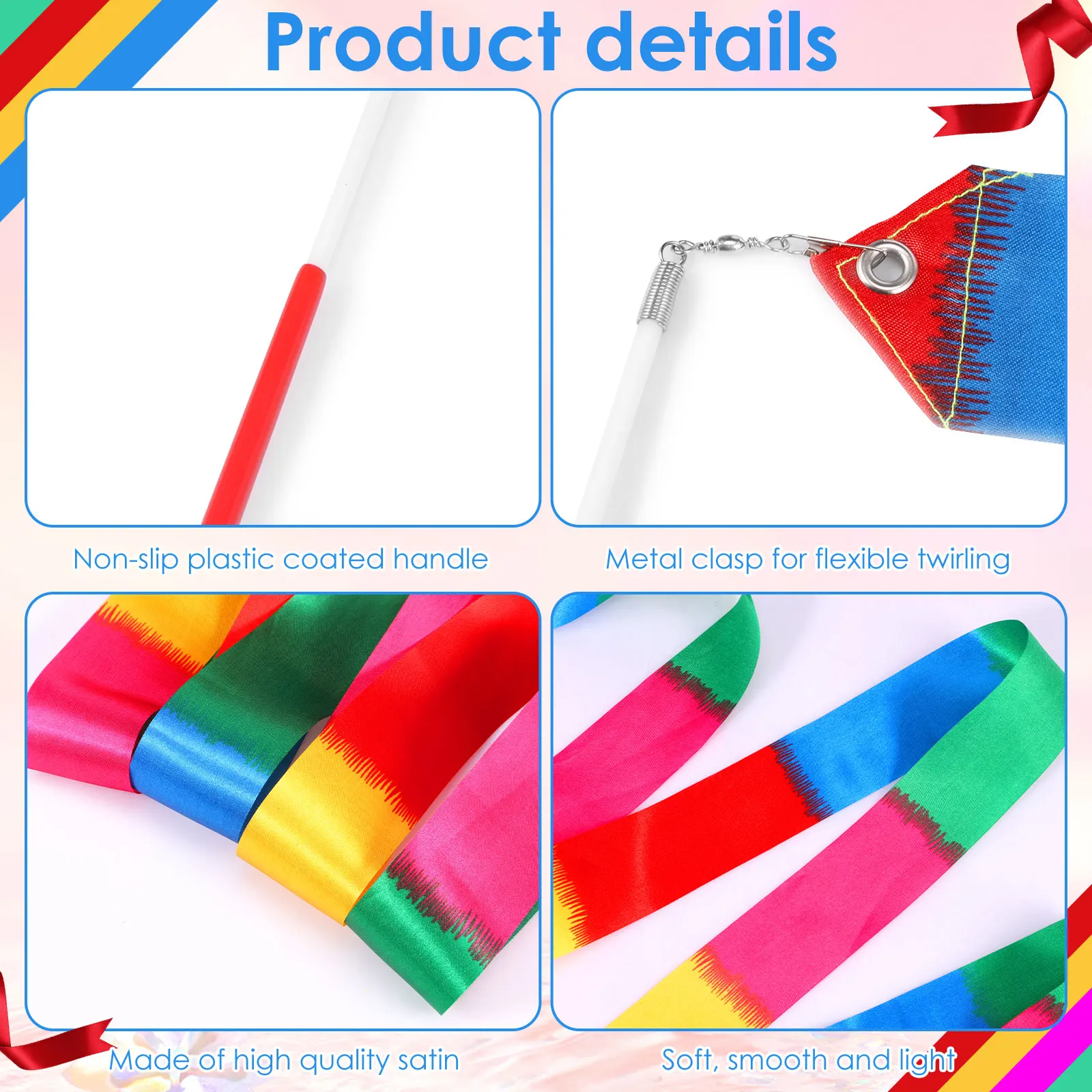 18pcs Ribbons for Gymnastics, 78.7 Inch Sparkling Dance Ribbon Rainbow Ribbon Dancer Wand Streamer on a Stick for Girls