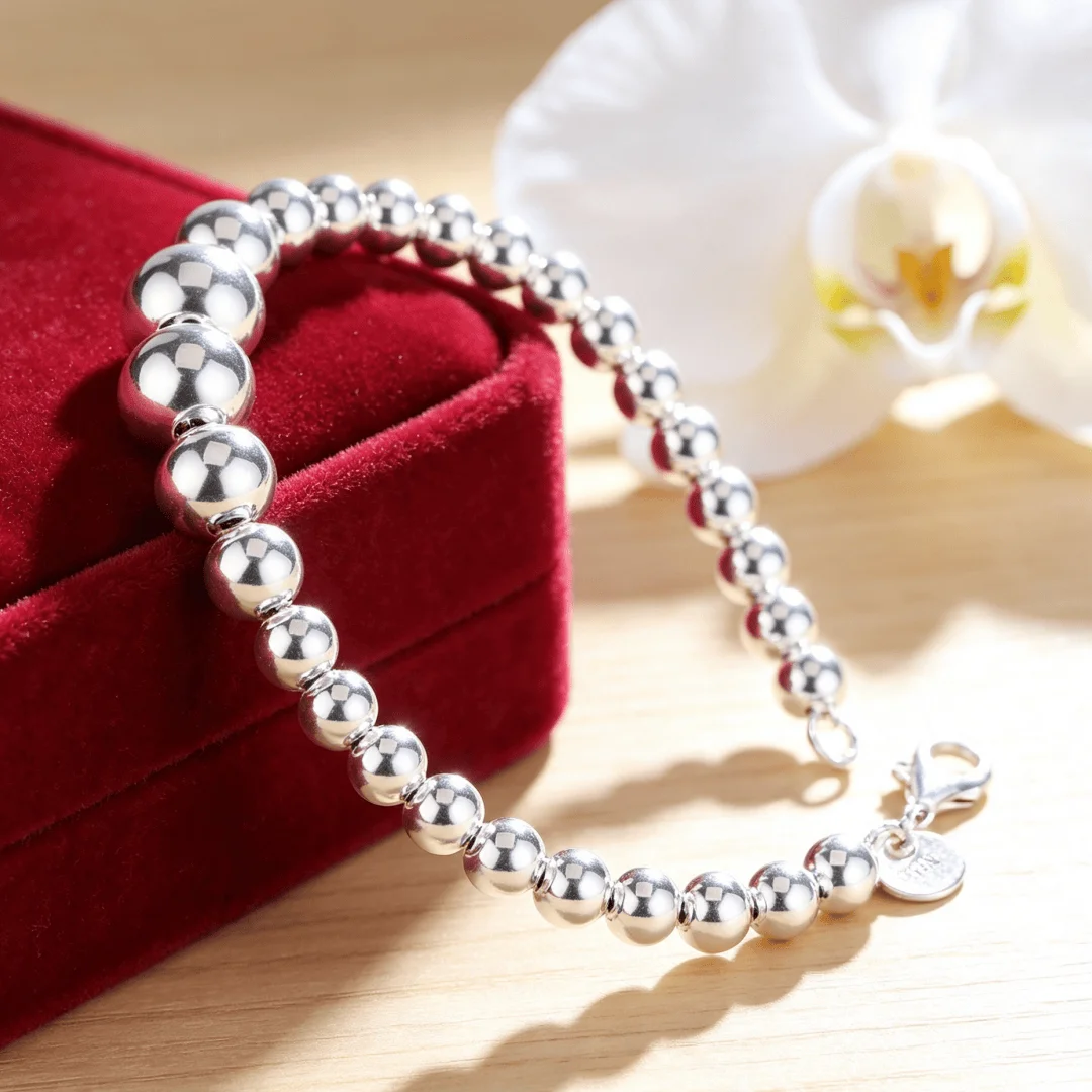 Bestseller 925 Sterling Silber Schönes Mattes Perlenarmband für Damen und Herren, Party, Hochzeit, Vielseitiger Schmuck, Urlaubsgeschenk