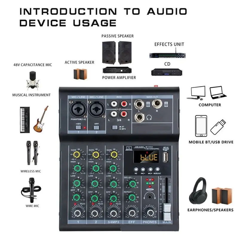 Professional Digital DJ Mixer Console 4 Channel Audio Mixer With USB Port Supports Bluetooth Connection Playback