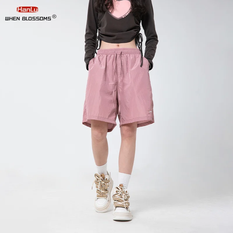 Men Women Pocket Drawstring Solid Soft Thin Metallic Texture Slightly Wrinkled Summer Loose Versatile Embroidered Sports Shorts