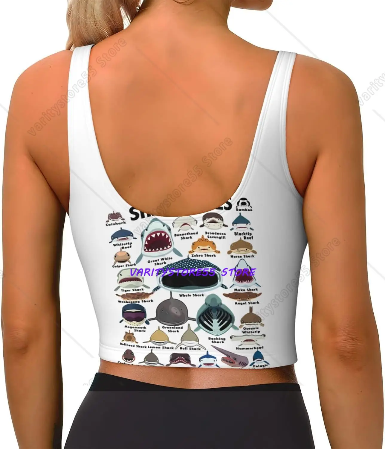 Cartoon Shark Species Women's Sports Bra Yoga Crop Gym Tank Tops U Back Exercise Workout Top Removable Pads Sleeveless Shirt