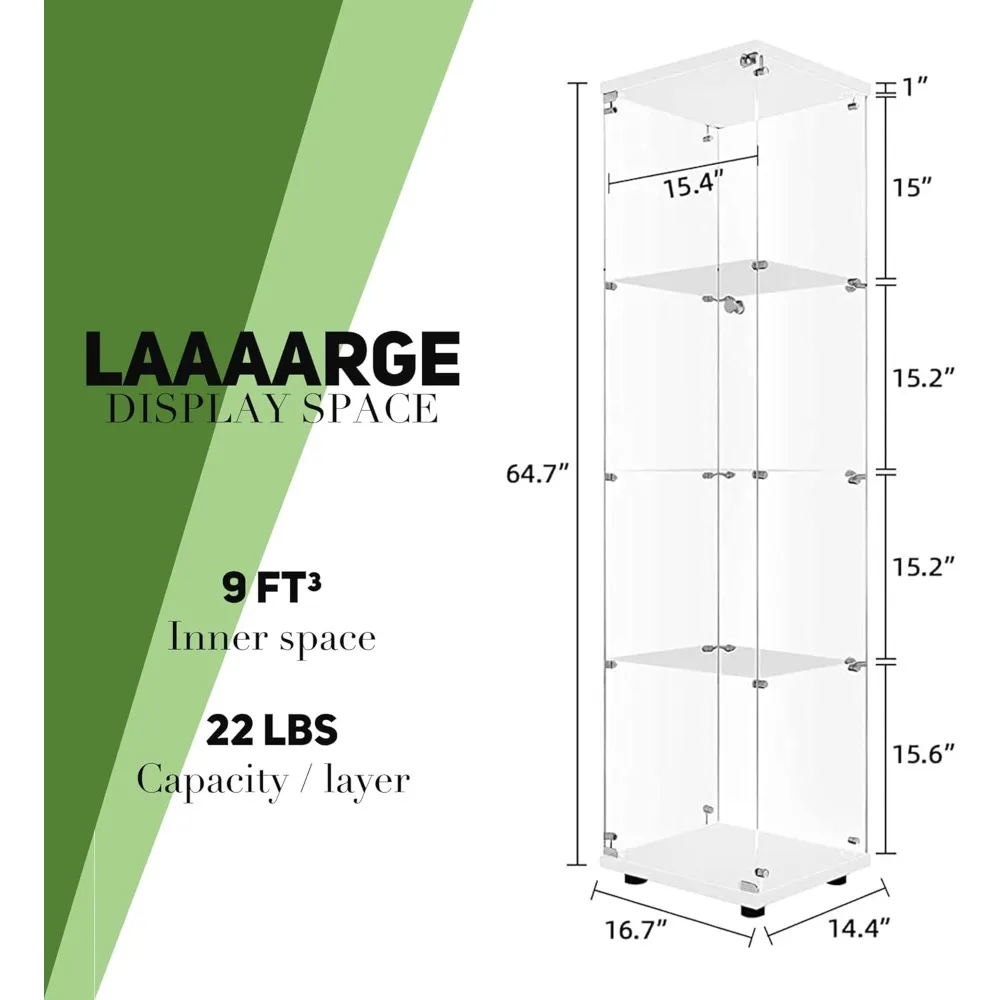 Display Cabinet with 4 Shelves, Floor Standing Glass Bookshelf, Quick Installation, Glass Display Cabinet