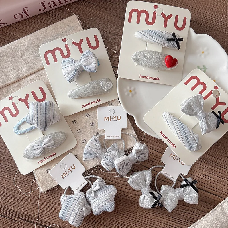 

Корейский стиль, серебряный тканевый бант, детские заколки для волос для девочек, заколки для волос, синие полосатые звезды, детские веревочные завязки для волос, резинки для волос, резинки