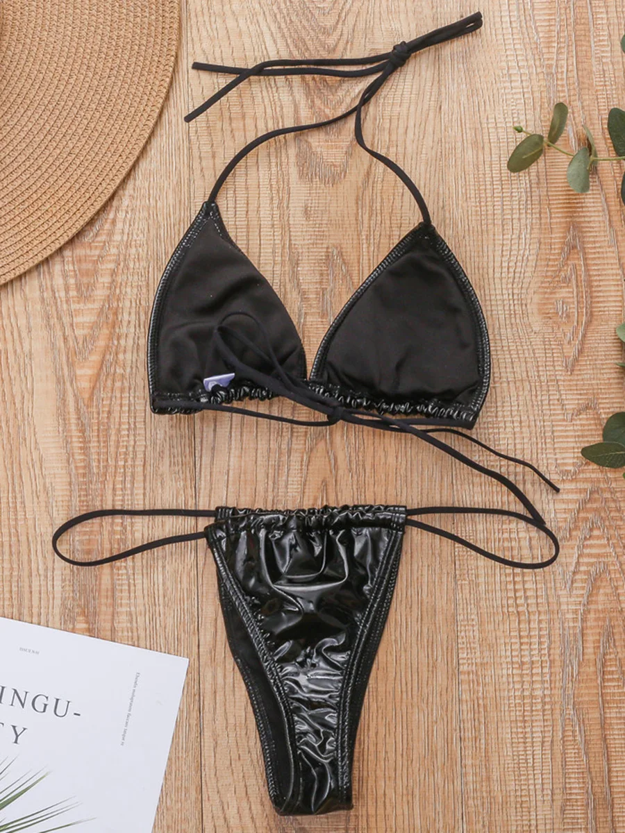 Brillant PU Mini Micro Bikini 2025 femmes maillot de bain femme maillot de bain brésilien deux pièces Bikini ensemble coupe haute maillot de bain bain dame