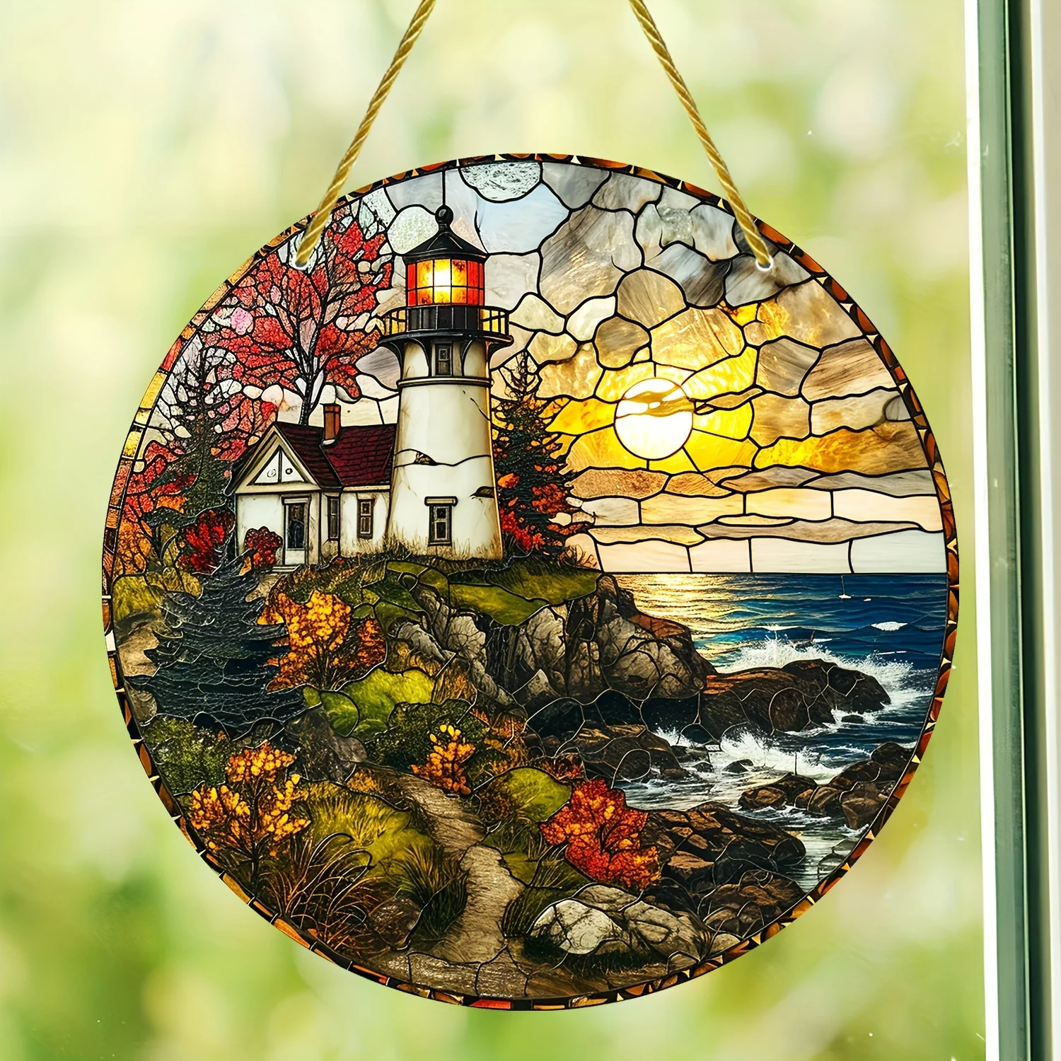 3D Surreal Lighthouse/Island Art Stained Window Hanging,Sun Catcher,Sunshade,Garden, Yard, House, Home, Door Welcome