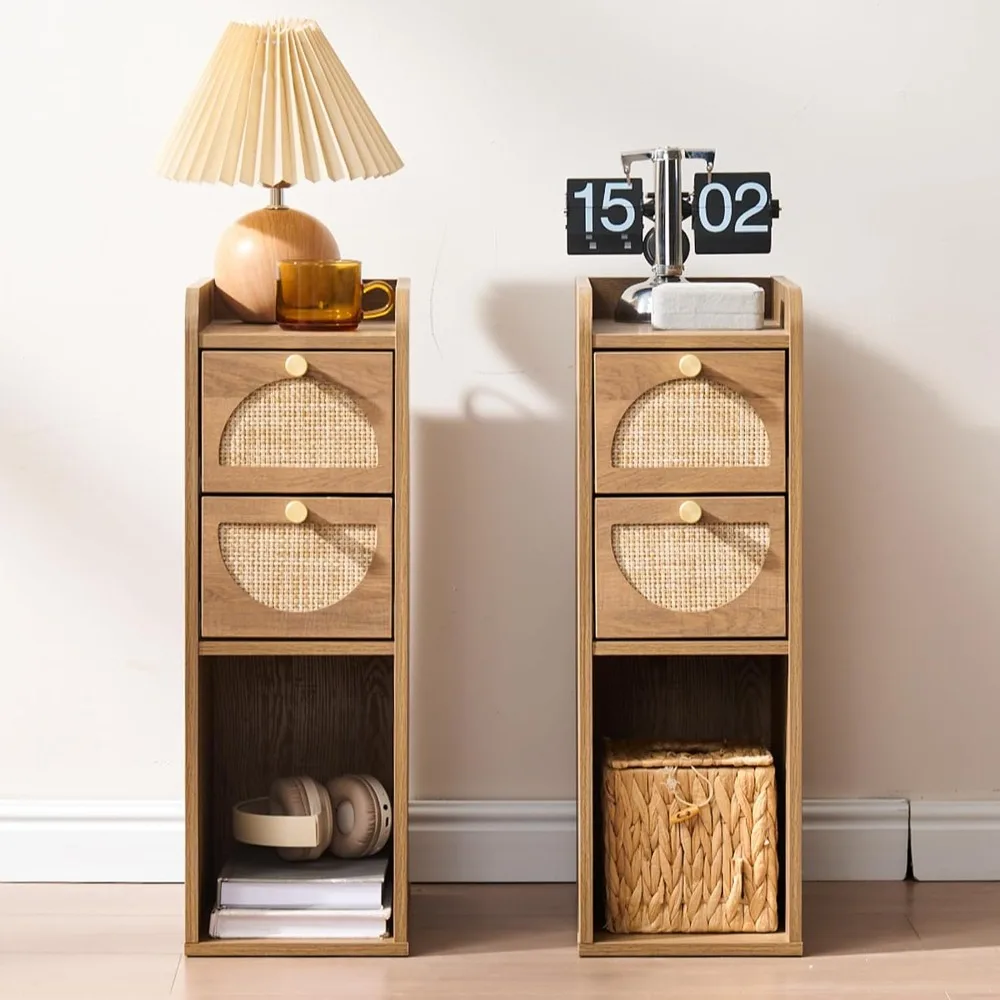 

Narrow Nightstand Set of 2 (Rattan & Wood) - Small Bedside Table with 2 Drawers, Open Shelf, Mid Century Modern, Customized