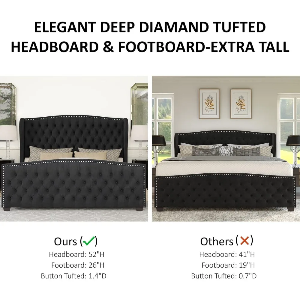 Queen Size Platform Bed Frame,Velvet Upholstered Bed with Deep Button Tufted Nailhead Trim Wingback Headboard Black, Bed Frames