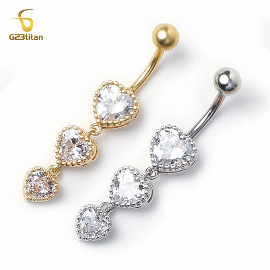 G23titan Zircon Heart Dangle Belly Button Rings 14G Allergy-free Titanium Steel Curved Barbel Women Sexy Navel Piercing Jewelry