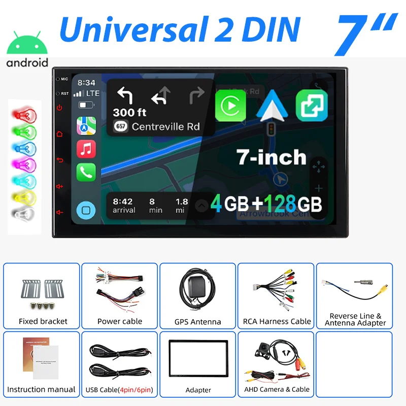 Universeel Autoradio ESSGOO Android 15 7"/9"/10" 4+128 GB 2 DIN Draadloze CarPlay Android Auto GPS Navigatie RDS FM Bluetooth 7 Kleuren ASP-scherm Mirror Link Aanraakscherm Stuurwielbediening
