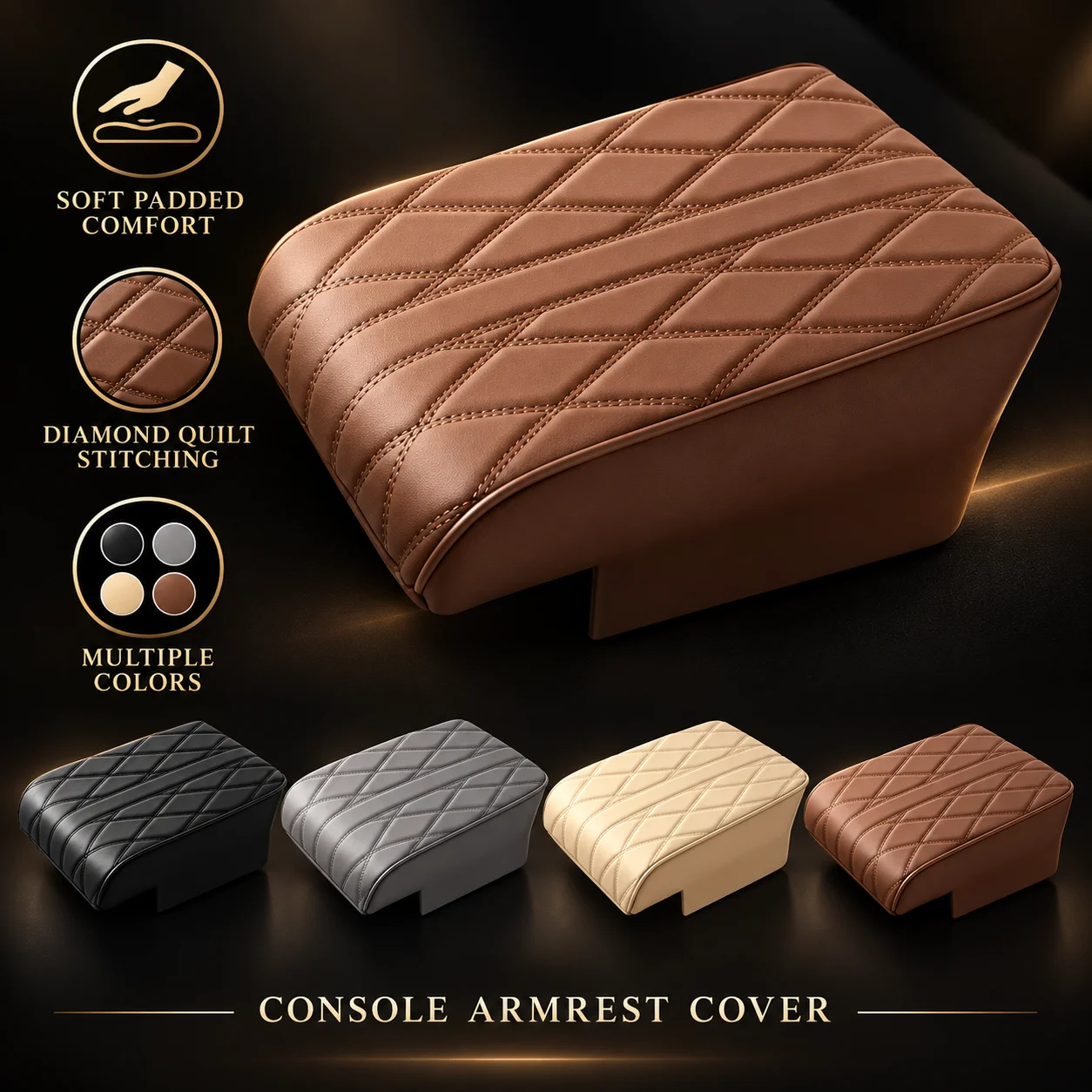 Car Center Console Armrest Protection Pad, Wave Embroidered PU Leather Cushion Cover for Storage Box and Auto Interior Accessory