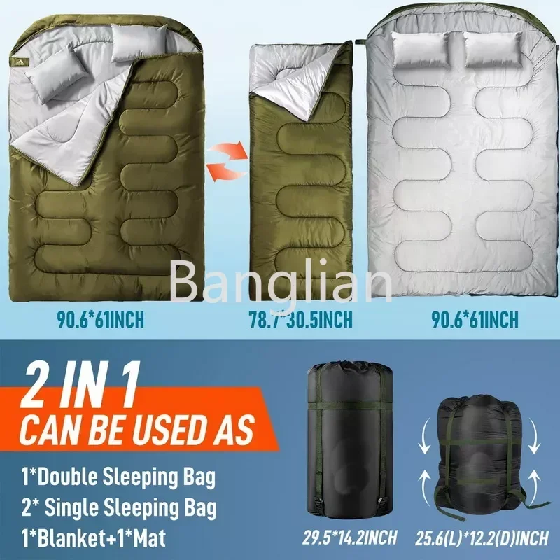 Double Sleeping Bag for 2 Person, Portable Waterproof Camping Sleeping Bag, Hiking Backpacking and Cold Weather Bag, Size XL