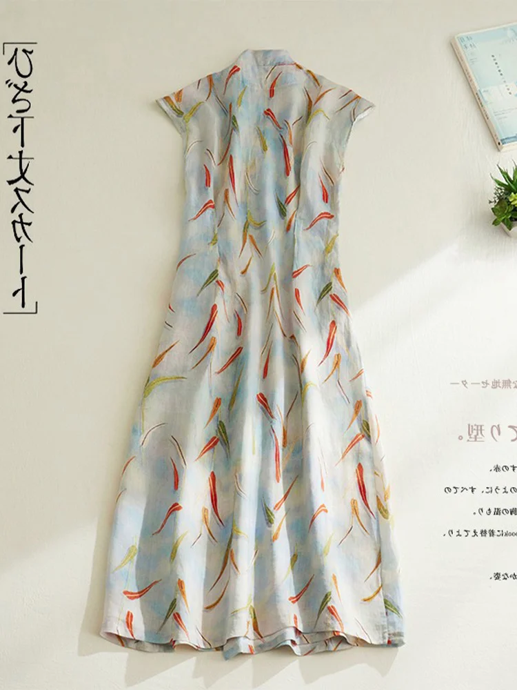 Ele ort Sve 花柄プリント リネン袍 レディース Aラインスカート ロング丈 快適 ゆったり ウエスト通勤 スタイル