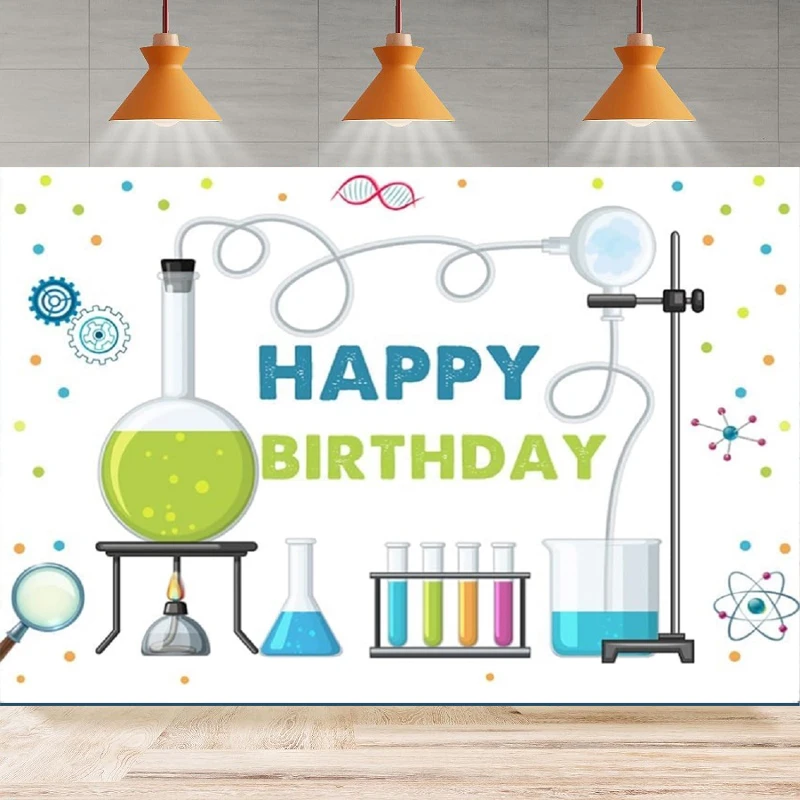 Photography Backdrop Mad Scientist Happy Birthday Blue Green Chemistry Lab Chemical Experiments Background Party Backdrop Wall