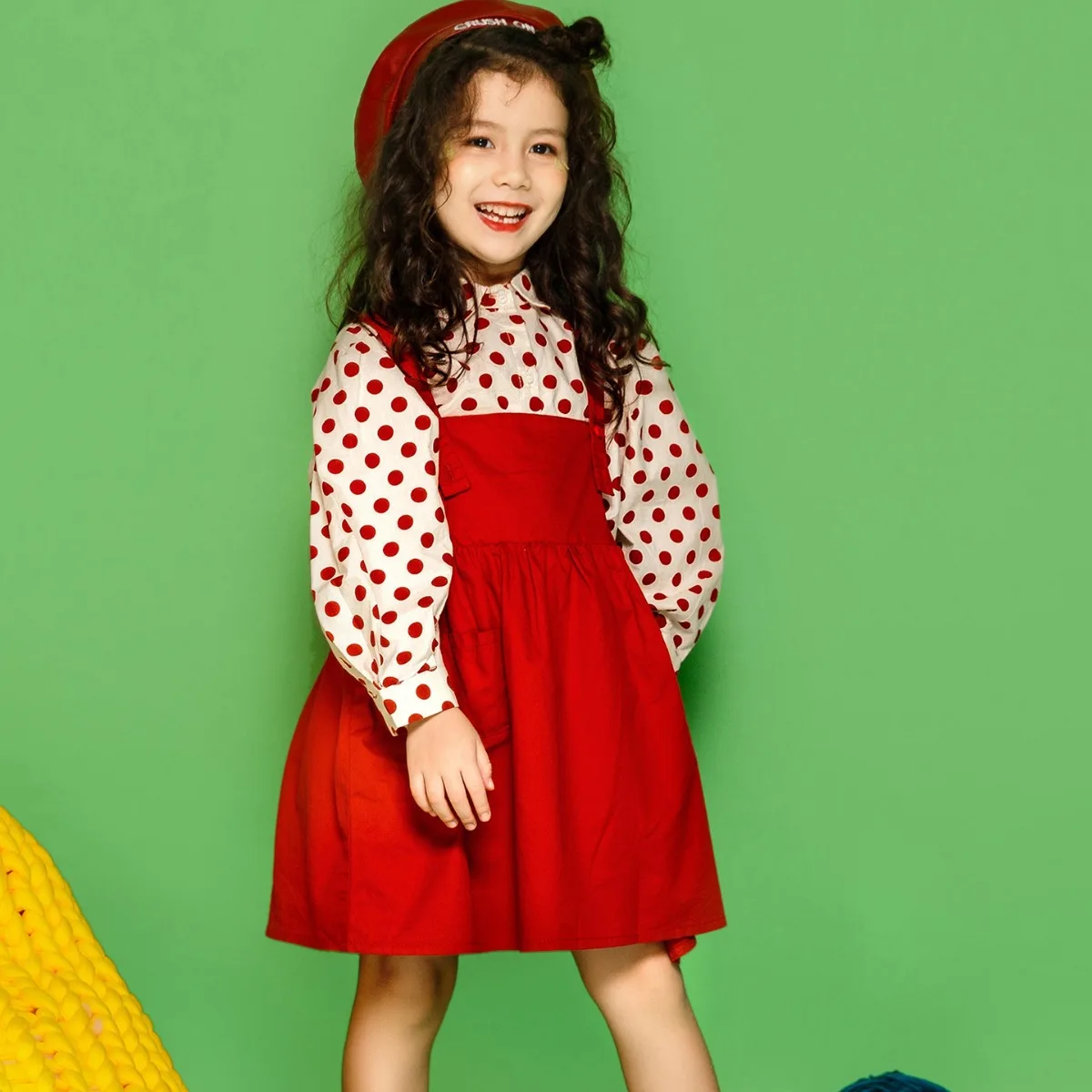 

Little Girl Autumn 2 Piece Clothing Set Cotton Dot Printed Turn Down Collar Shirts Solid Ruffles Strappy Dress Baby Girl Outfits