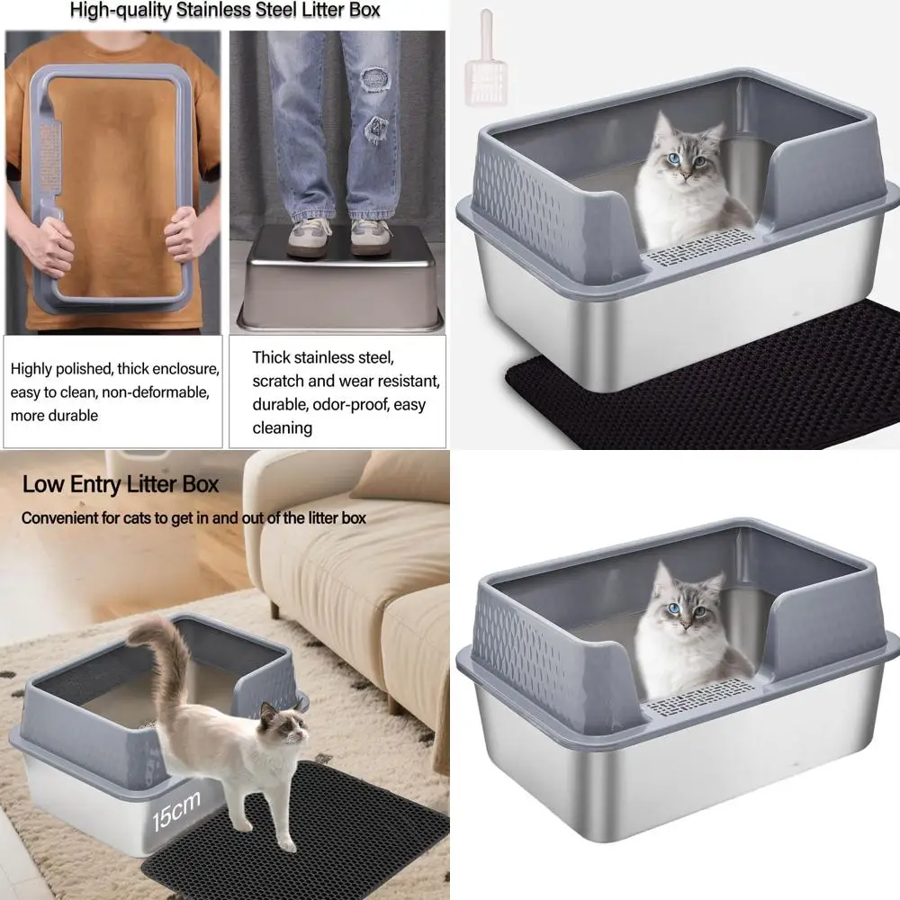 

Закрытый лоток для кошек из нержавеющей стали с крышкой, ковриками и совком, для кошек всех возрастов, серый цвет