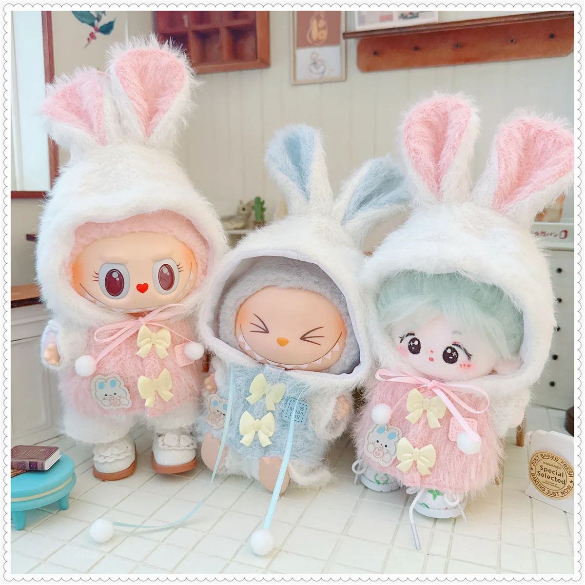 

For 15/17CM Labubu Doll Clothes Fluffy Coat Pants Dress Up Dolls Accessories Sitting Party Changing Dress Game Birthday Gift Toy