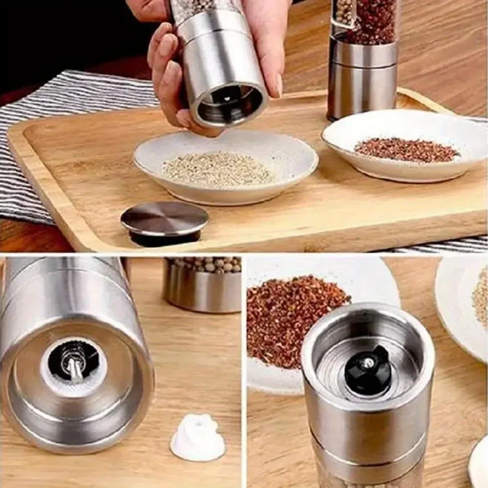 One Handed Salt Pepper Grinder with Push Button, Stainless Steel Base & Rod, Practical Kitchen Cooking Gadgets