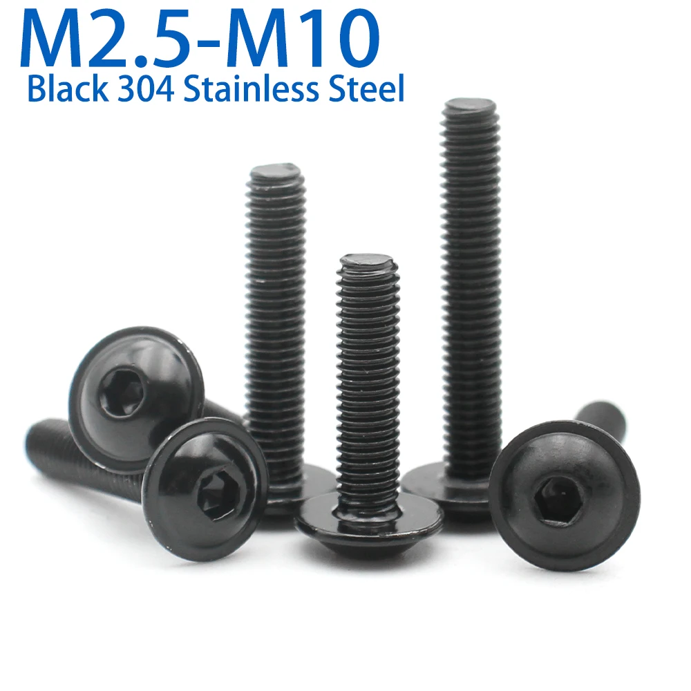 2-40pcs M2.5~M10 Black 304 Stainless Steel Hexagon Hex Socket Round Head with Washer Screw Bolt for Fasteners