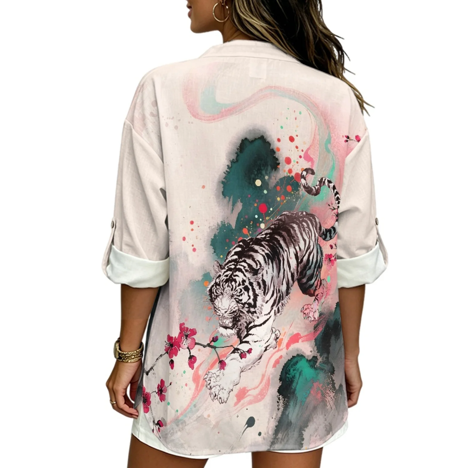 PENSTROLL Ink Wash Tiger Print Linen Like Women's Loose Fit Tops for Autumn Rolled Cuff Sleeve Design Blouse Long Sleeve Blouses