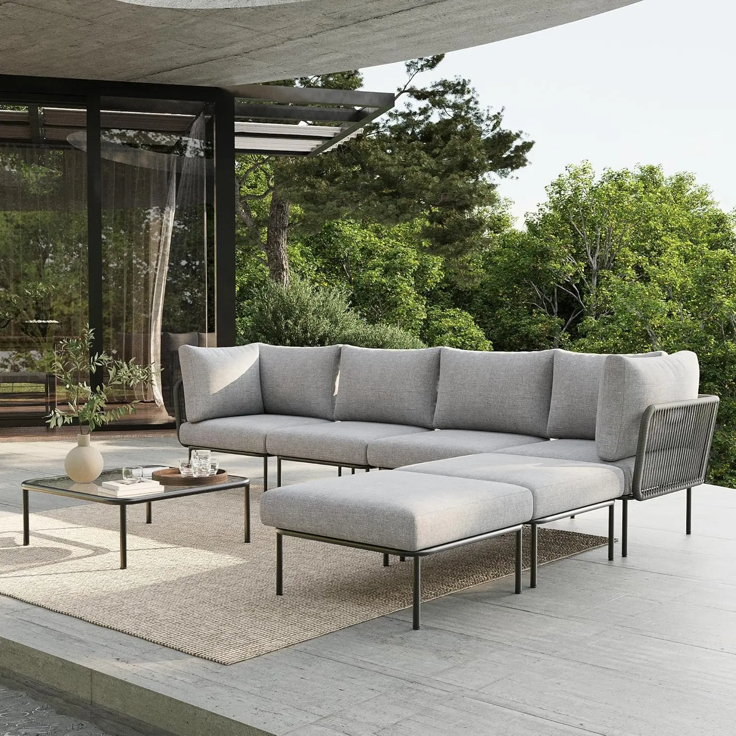 

7 Piece Modern Outdoor Rope Wicker Sectional Patio L-Shaped Conversation Sofa Set Deep Seating with Thick Cushions, Customized
