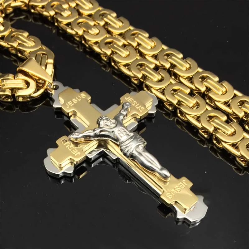 

Stainless Steel Exquisite Crucifix Jesus Cross Necklace Christs Pendant Gold Byzantine Chain Men Necklaces Jewelry Gifts 24''