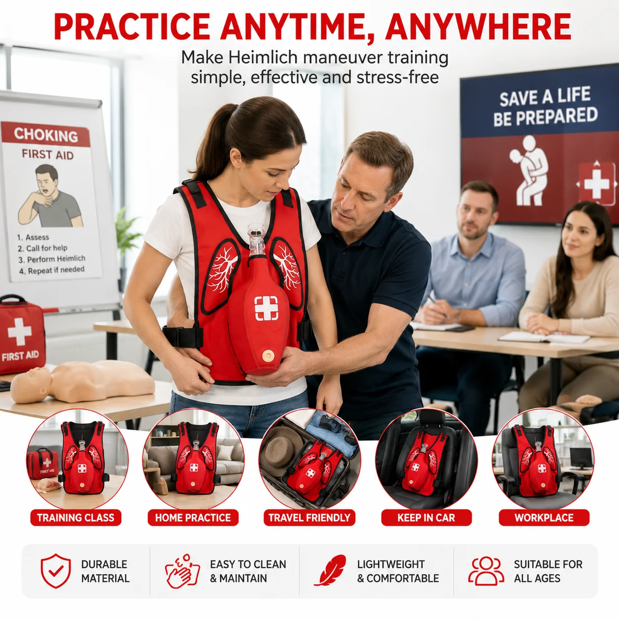 Chaleco de Entrenamiento de Primeros Auxilios para Maniobra de Heimlich, Simulador de Asfixia con Bloqueo Traqueal, Chaleco Portátil para Simulación de Infarto en Adultos