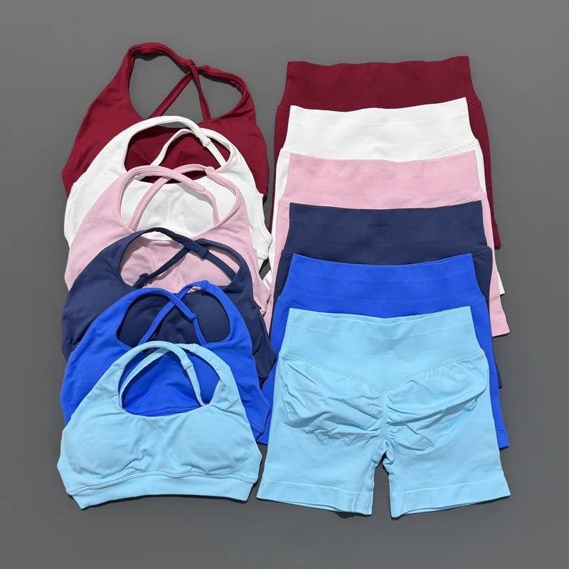 HISTELLO-Conjunto deportivo de 2 piezas para mujer, sujetador asimétrico a prueba de golpes, Top Halter sin costuras, pantalones cortos de entrenamiento, traje de gimnasio para Yoga, conjuntos de