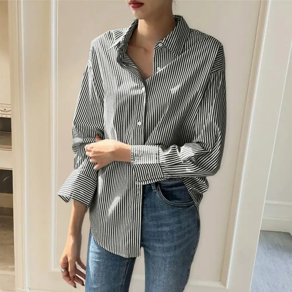 

Women Loose Fit Shirt Stylish Women's Shirts Lapel Long Sleeve Striped Print Shirt Loose Fit Office Shirt Chic Relaxed Style Top