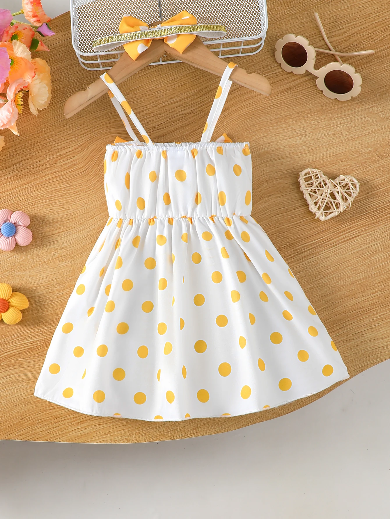 2Pcs Baby Girl Dress Set Summer Sweet Cute Spaghetti Strap Sundress Polka Dot Print + Bow Headband Toddler Party Casual For 0‑3Y
