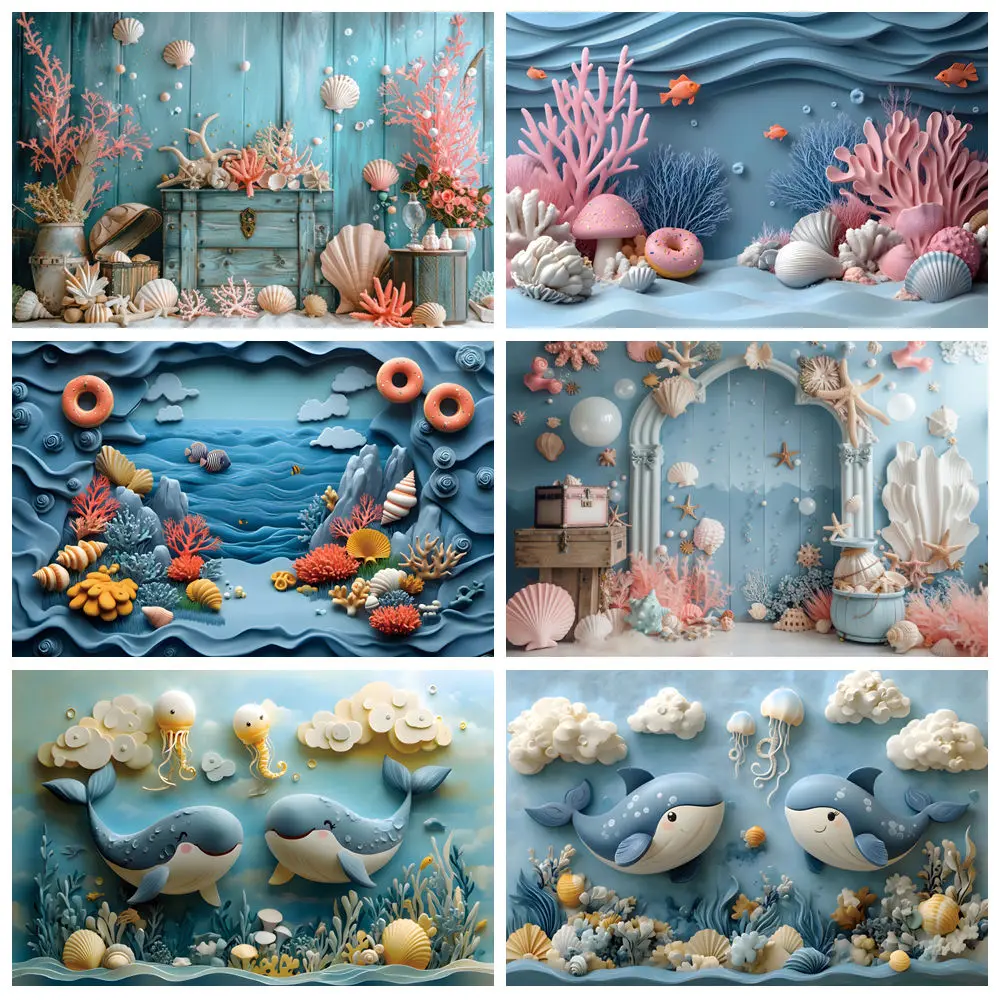 Underwater World Sea Theme Photography Backdrops Ocean Shell Coral Plants Kids 1st Birthday Party Background Decor Photo studio