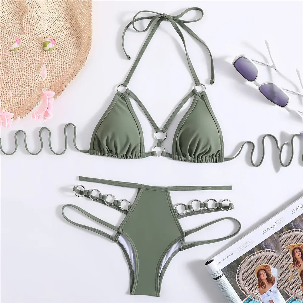 

Steel Ring String Swimwear Halter Triangle Thong Micro Bikini Set Sexy Swimsuit Women 2025 Hollow Out Bathing Suit Green Bikinis