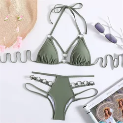 Steel Ring String Swimwear Halter Triangle Thong Micro Bikini Set Sexy Swimsuit Women 2025 Hollow Out Bathing Suit Green Bikinis