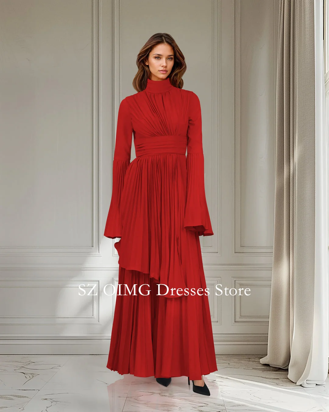 

OIMG New Design High Neck Red Prom Dresses Bell Cuffs Tiered Dress A-Line Crepe Satin Women Evening Gowns Formal Party Dress