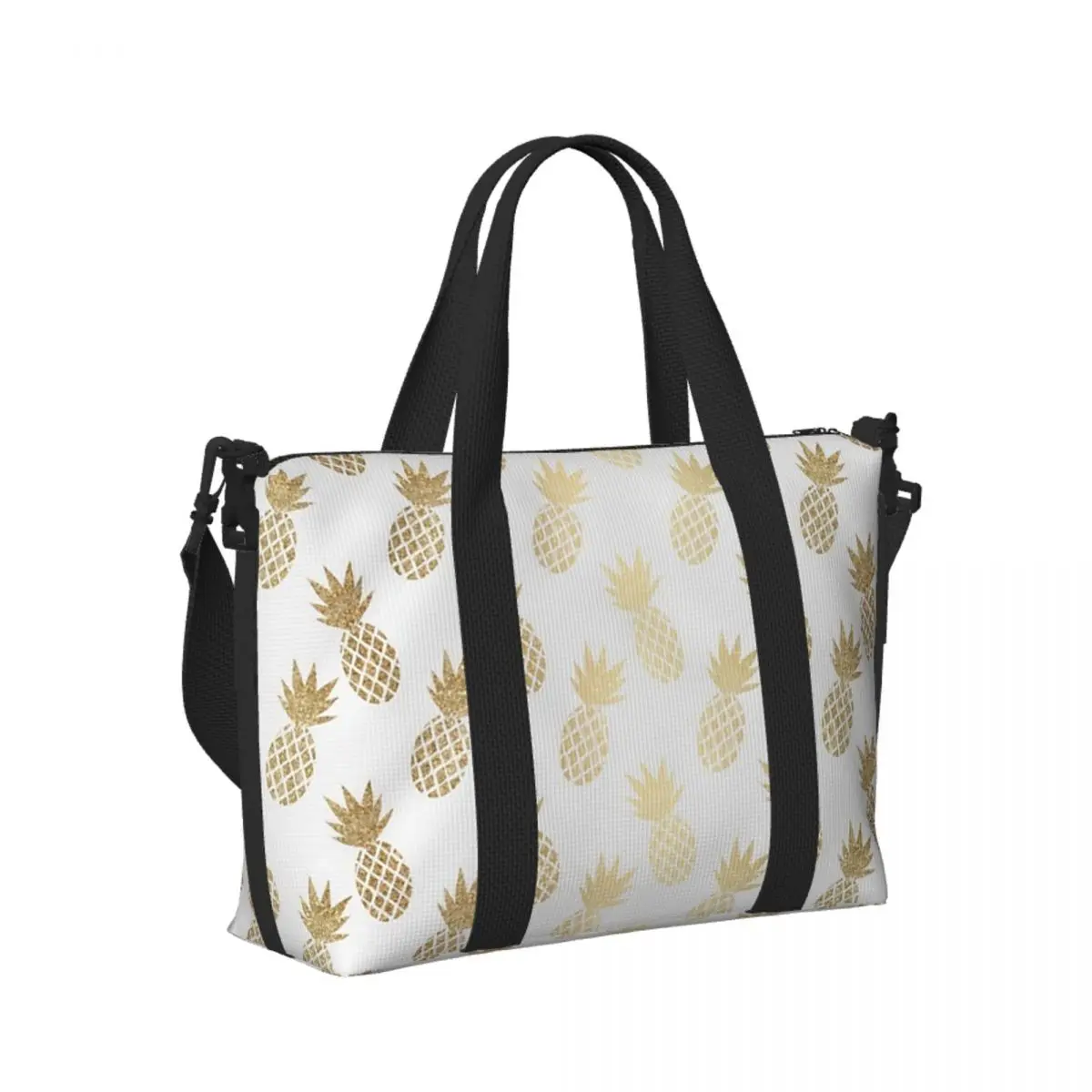 

Custom Gold Pineapple Pattern Beach Travel Bag Large Capacity Tote Bags for Gym Sport Women Shopping Duffle Shoulder Bag