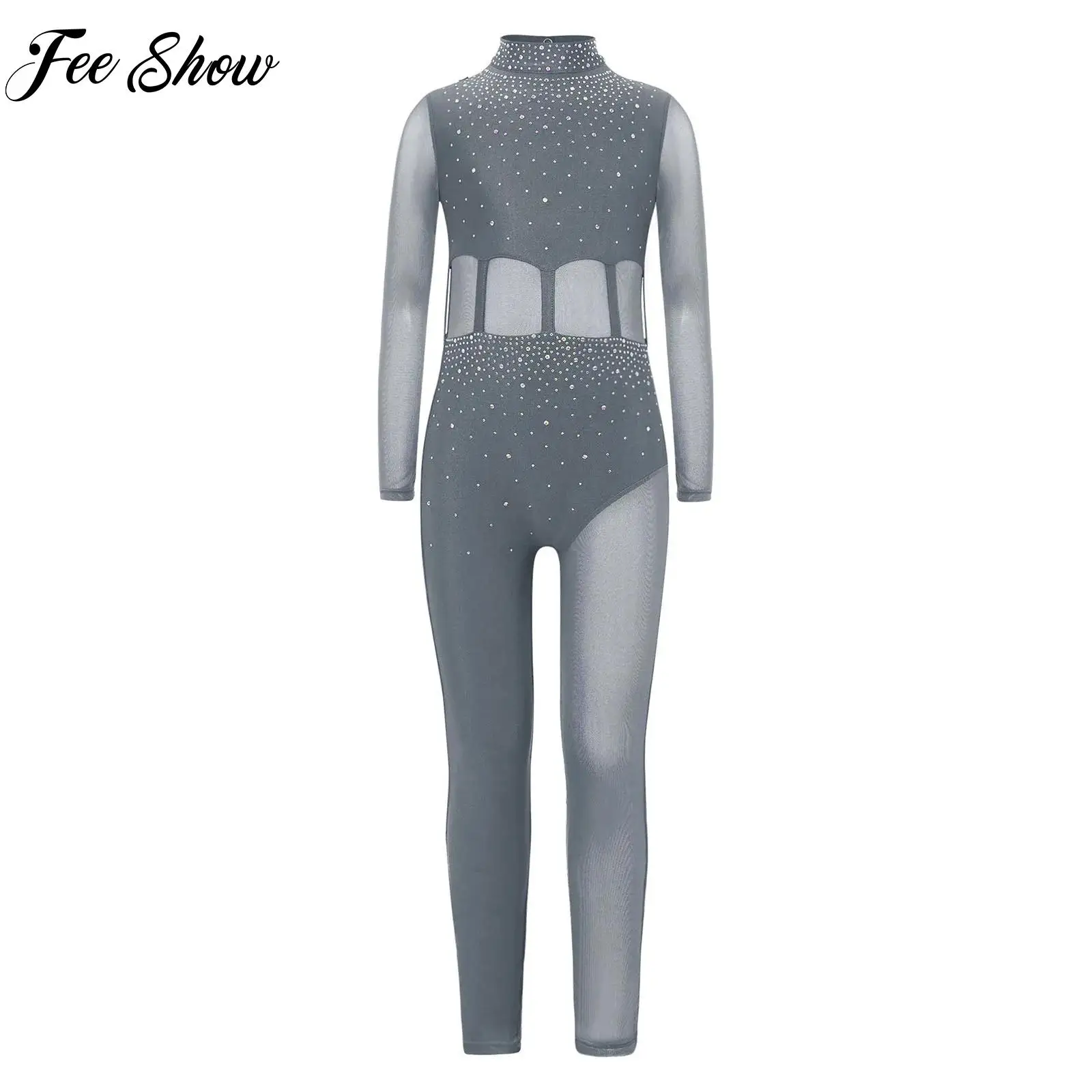 

New Girls Long Sleeve Rhinestones Ballet Dance Gymnastics Full Body Leotard Sheer Mesh Jumpsuits for Workout Figure Ice Skating