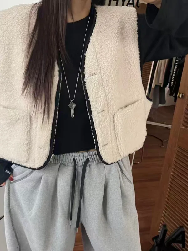 

Двусторонний жилет из бархата ягненка, женский теплый жилет из натуральной кожи и меха с застежкой на одной пуговице