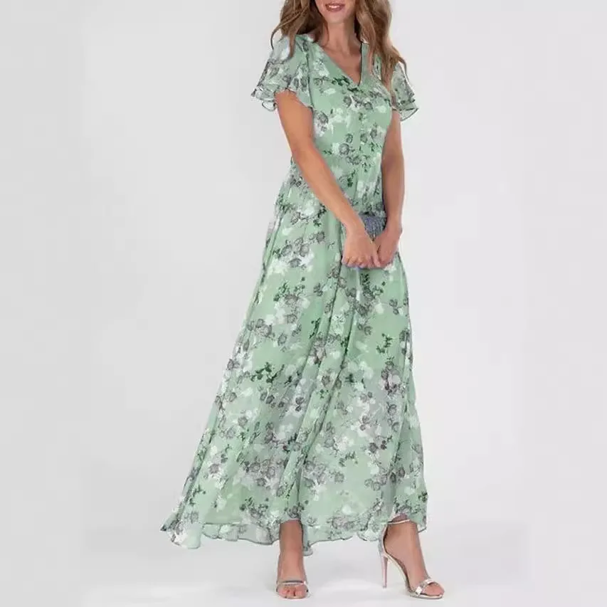 

Female Vintage Floral Printing Chic Dress Women Summer Elegant V Neck Maxi Party Dresses Casual Chiffon Beach Long Dress Vestido